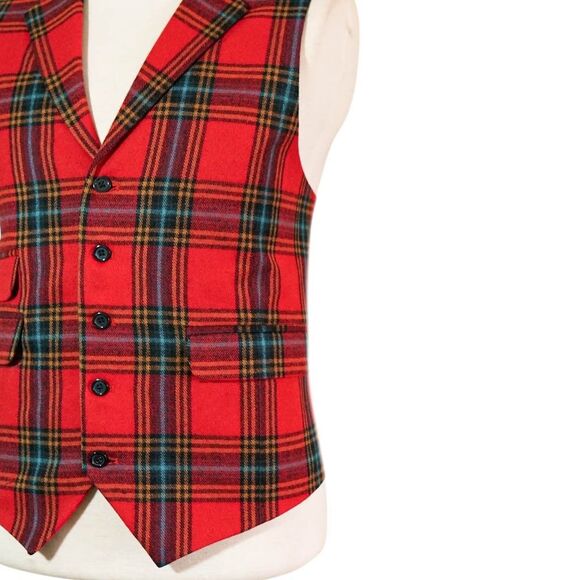 Mens 46R Red Blue Orange Wool Plaid Waistcoat Vest Formal Wedding Preppy Casual - Picture 5 of 8
